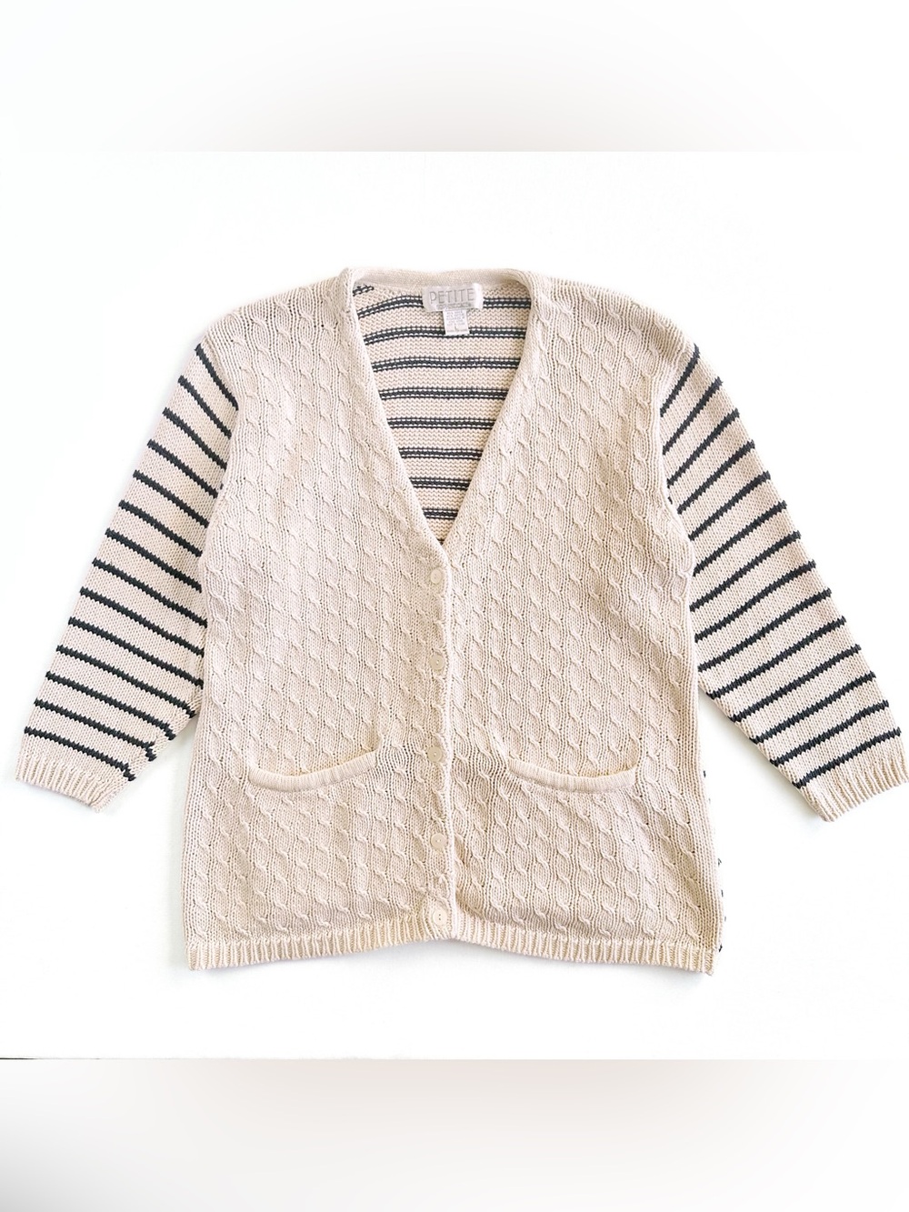 90s Chunky Knit Oversized Cardigan Cream Cable Black Striped Sleeve Back Vintage